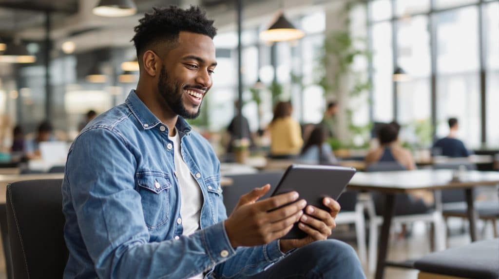 Homme souriant utilisant une tablette au bureau.