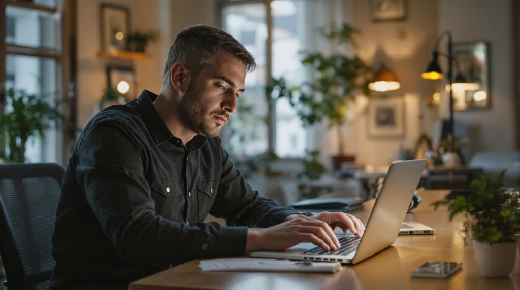 Homme travaillant sur ordinateur portable à domicile.