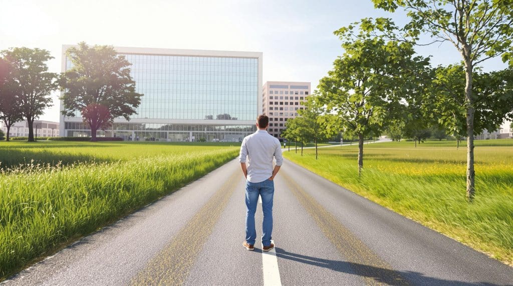 Homme marche vers immeuble moderne entouré d'arbres