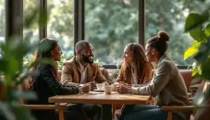 Quatre personnes discutent autour d'une table.