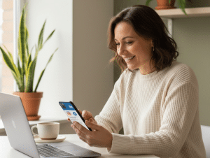 Femme souriant, utilisant smartphone devant ordinateur.