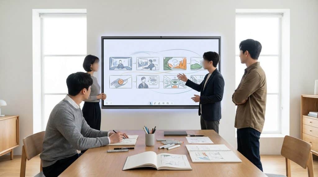 Four individuals in a bright, modern studio collaborating around an interactive screen showing a visual storyboard. One gestures, another sketches.