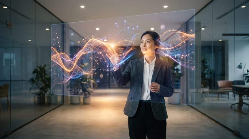 A woman in a blazer interacts with a vibrant holographic projection of flowing data and brand elements in a modern studio.