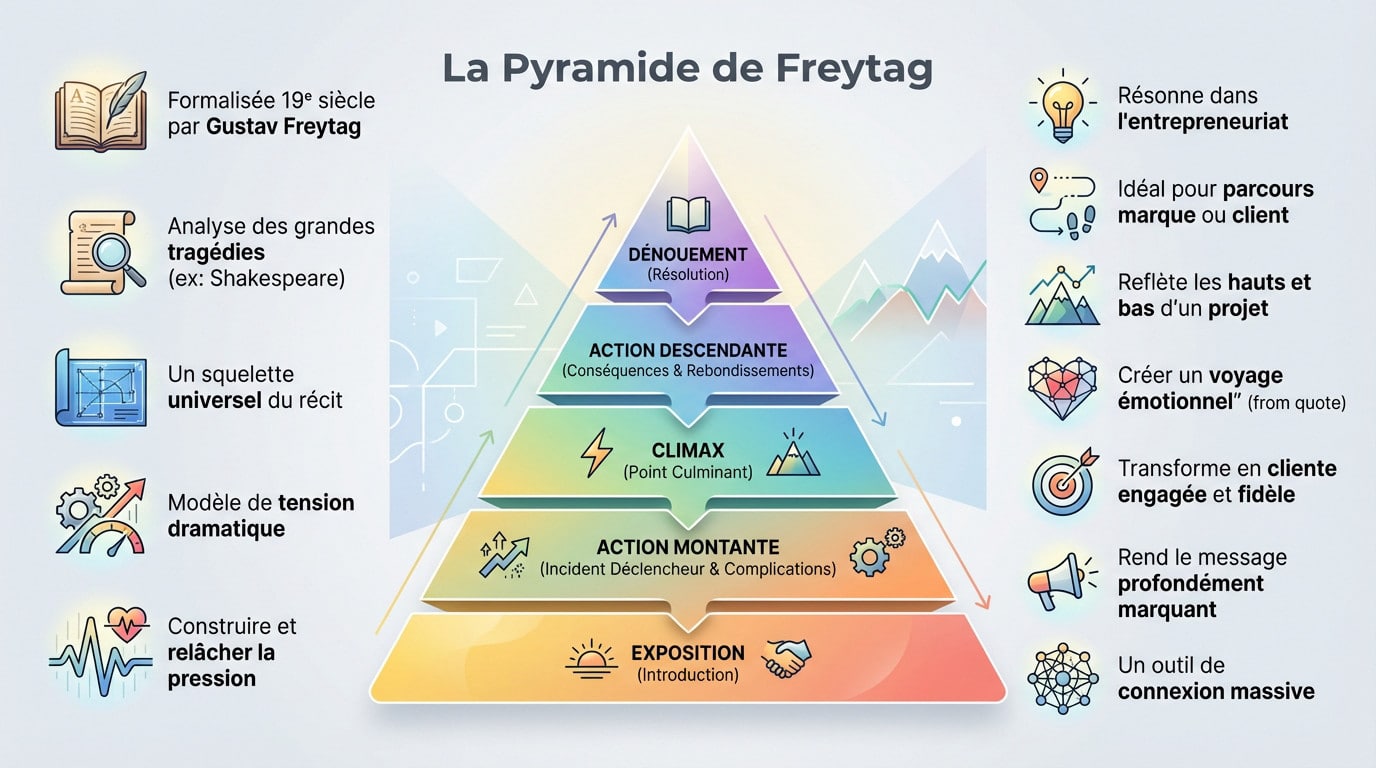 Schéma de la Pyramide de Freytag illustrant la structure narrative en 5 actes