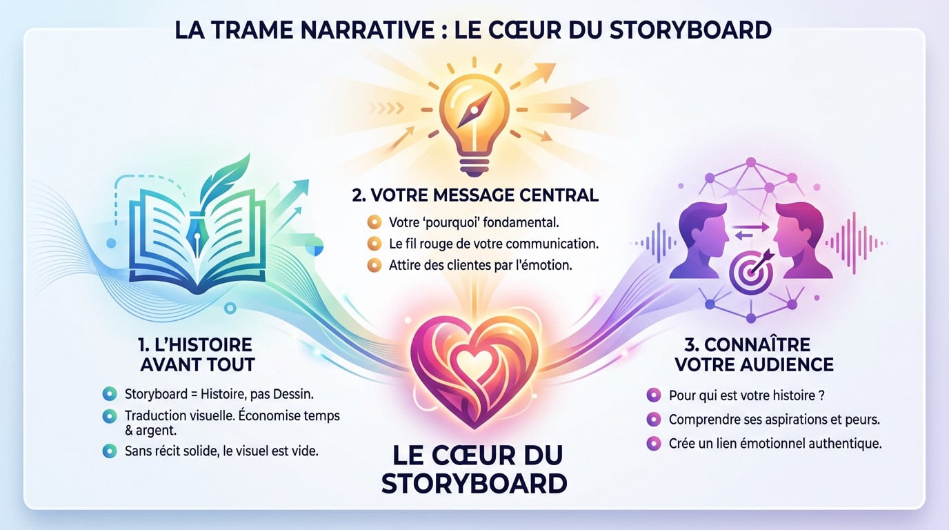 Schéma illustrant la structure d'une trame narrative efficace pour un storyboard