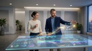 Deux personnes interagissent avec une table de données holographique. Visualisation complexe de données en couleurs vives, lumières dorées. Bureau moderne.