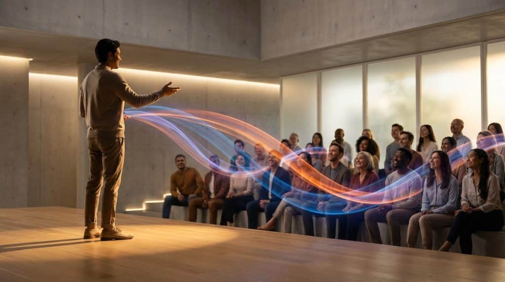 A speaker on stage, illuminated by golden light, with vibrant orange and blue trails connecting to a diverse, engaged audience, symbolizing compelling storytelling.