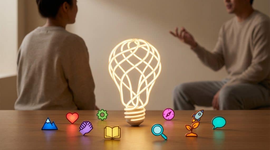 A glowing lightbulb symbolizing brand storytelling, surrounded by 9 vibrant icons representing adventure, emotion, community, and growth. Two blurry figures are in the background.