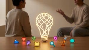 A glowing lightbulb symbolizing brand storytelling, surrounded by 9 vibrant icons representing adventure, emotion, community, and growth. Two blurry figures are in the background.