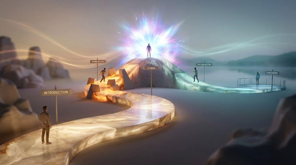 Dynamic visual of a five-act narrative arc: figures on an illuminated path, from golden introduction to vibrant climax to cool conclusion.